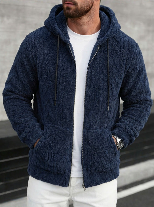 Herren kuschelige Kapuzenjacke aus Teddyfleece mit durchgehendem Reißverschluss und Kängurutaschen – Cavarno