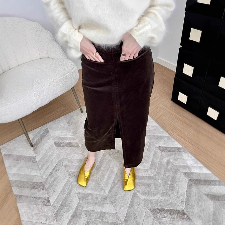 Damen Hochtaillierter Cord-Bleistiftrock mit Eingrifftaschen und mittigem Schlitz Echo Archiv