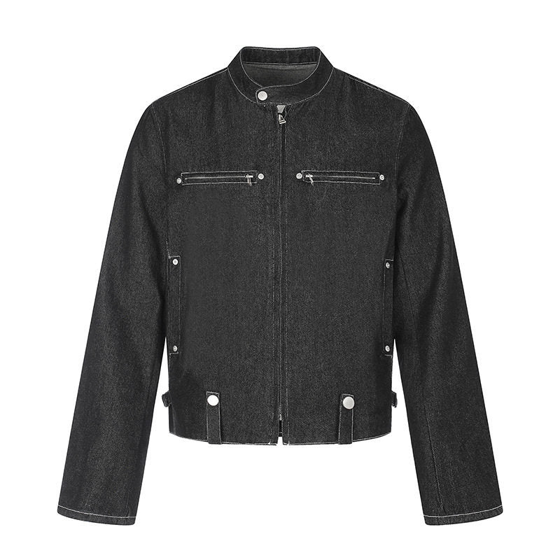 Damen kurze Denim-Bikerjacke mit Stehkragen, Reißverschluss und Druckknopfdetails Echoarchiv