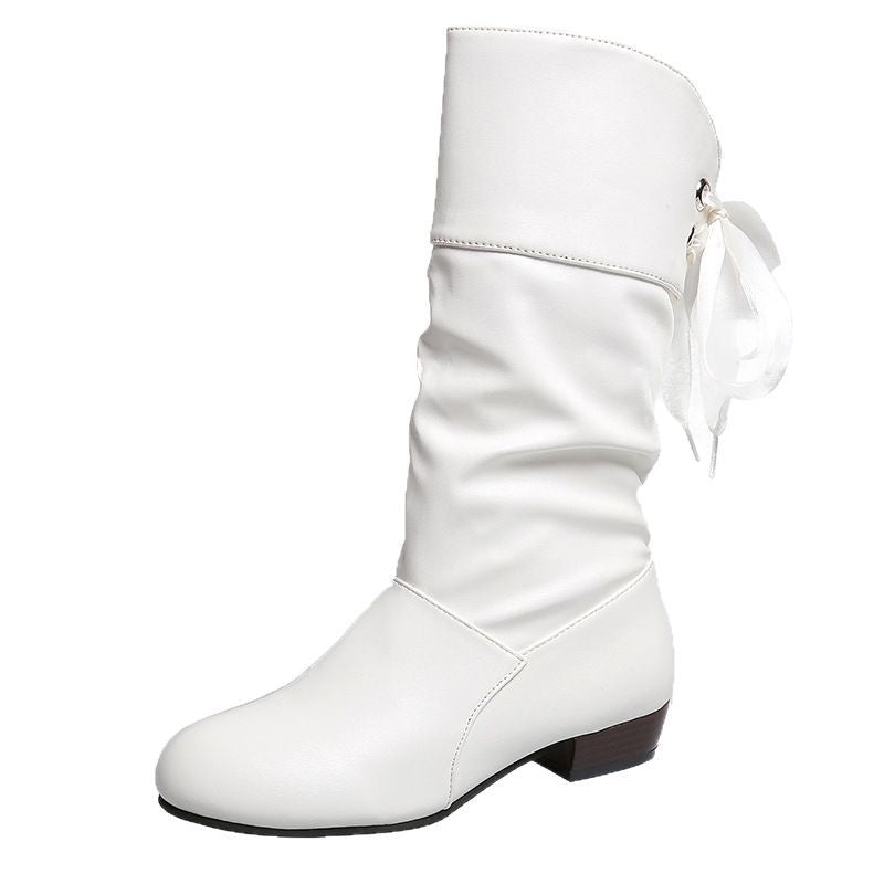 Damen  knielange Stiefel mit rückseitiger Schnürschleife, gerafftem Schaft und flachem Blockabsatz Echo Archiv
