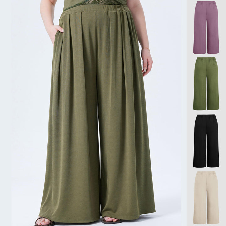 Damen Weite Feinstrick-Palazzohose mit hohem Elastikbund und Faltenfall – Avélisse
