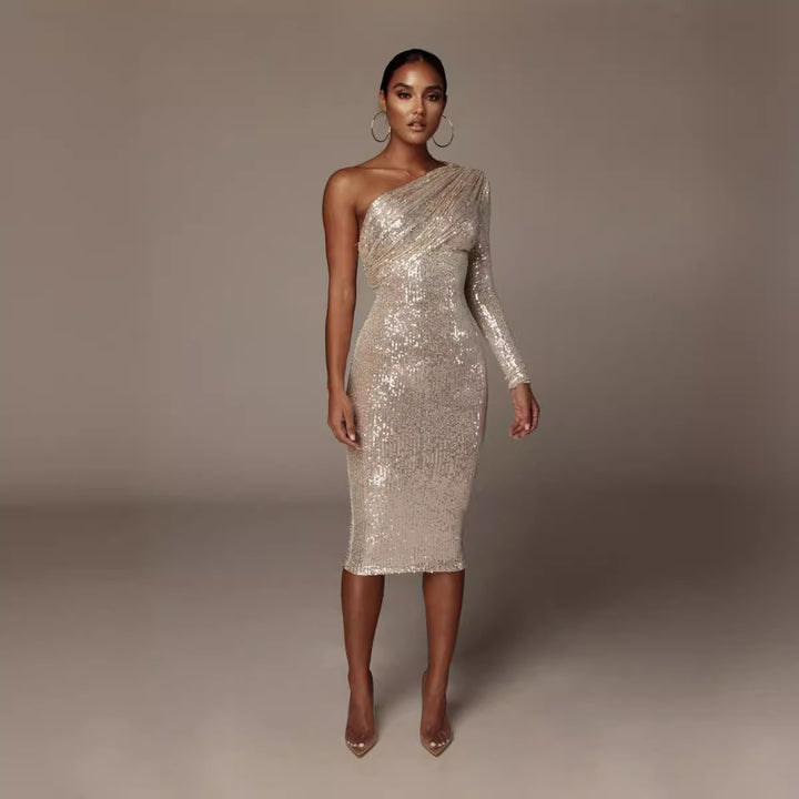 Damen Glitzerndes Etuikleid mit asymmetrischem Ausschnitt und langem Arm Echo Archiv