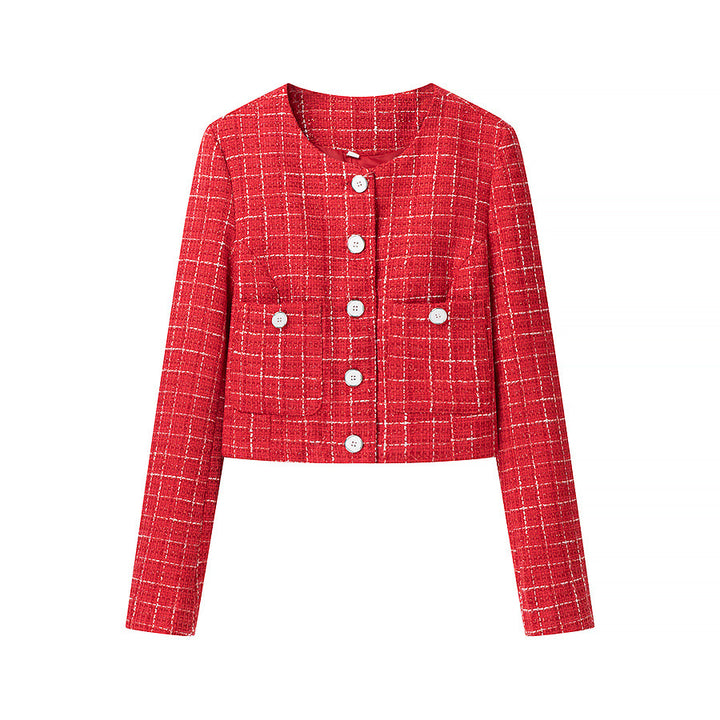 Damen Kurzgeschnittener Bouclé‑Tweed‑Blazer mit Rundhals, Zierknöpfen und aufgesetzten Taschen Echo Archiv