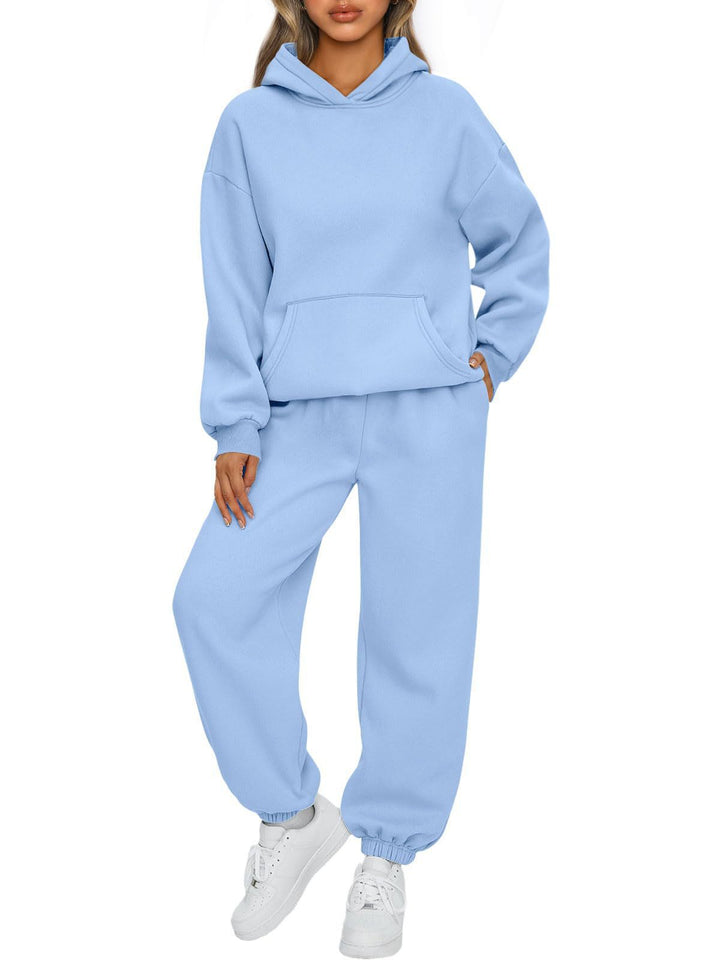 Damen nan gemütliches French-Terry Loungewear-Set mit doppellagiger Kapuze, Kängurutasche und elastischem Knöchel-Jogger Echo Archiv