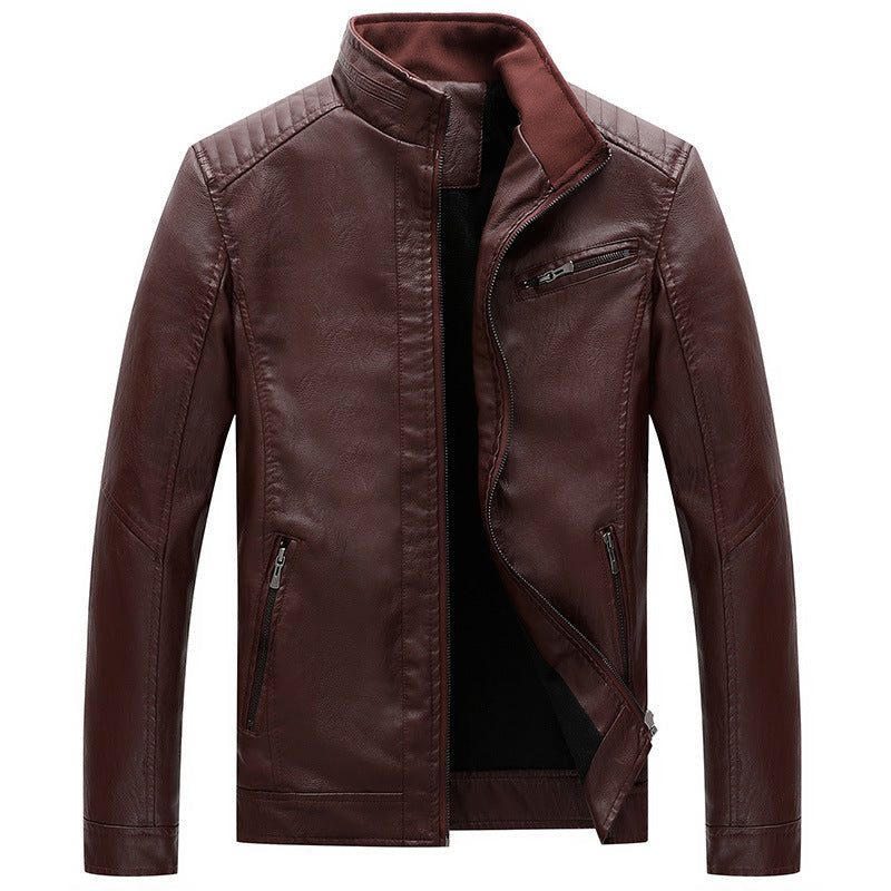 Herren Lederimitat Bikerjacke mit Stehkragen und Reißverschlusstaschen – Valtoré