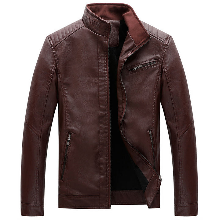 Herren Lederimitat Bikerjacke mit Stehkragen und Reißverschlusstaschen – Valtoré