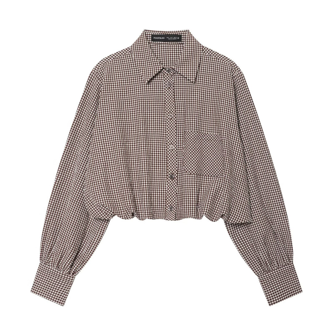 Damen Karo-Cropped-Hemdbluse mit Ballonärmeln, Brusttasche und elastischem Saum Echo Archiv