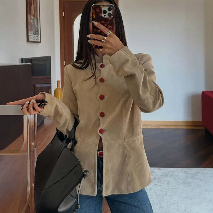 Damen Taillierter Wildleder-Blazer mit Stehkragen und Zierknöpfen Echoarchiv