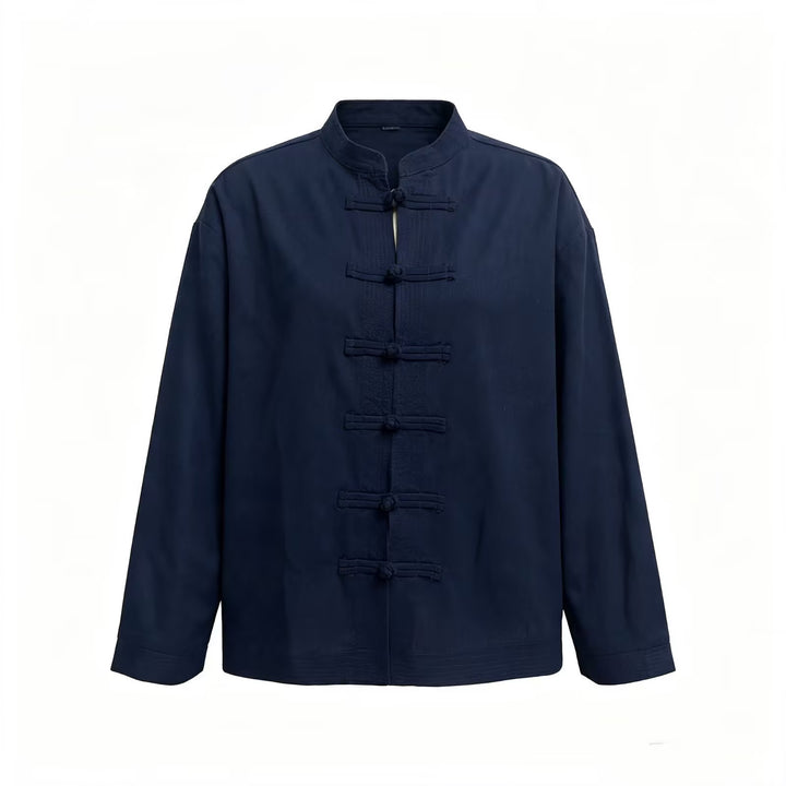 Damen Locker geschnittene Bluse im Mandarin‑Look mit Knotenknöpfen Echo Archiv