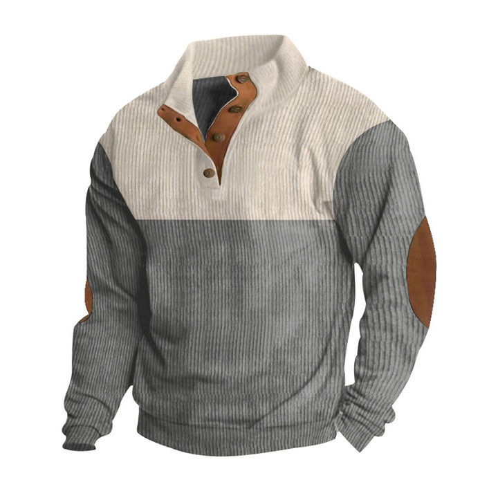 Herren nan Rippenstrickpullover mit Stehkragen Knopfleiste und Leder-Ellbogenpatches Echo Archiv