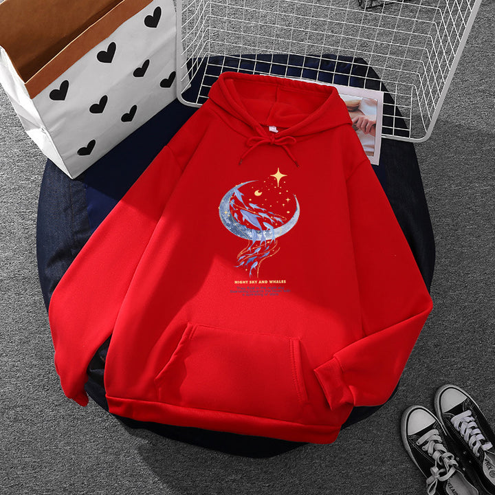 Damen Kapuzenpullover mit Mond‑und‑Wal-Illustration, Oversize-Schnitt und Kängurutasche – Auréline