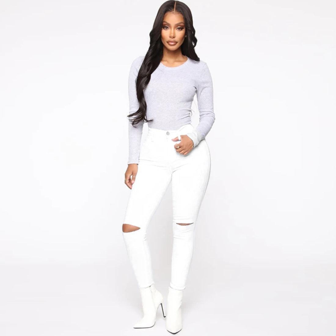 Damen High-Waist Skinny-Jeans mit Knie-Rissen und figurformendem Schnitt Echo Archiv