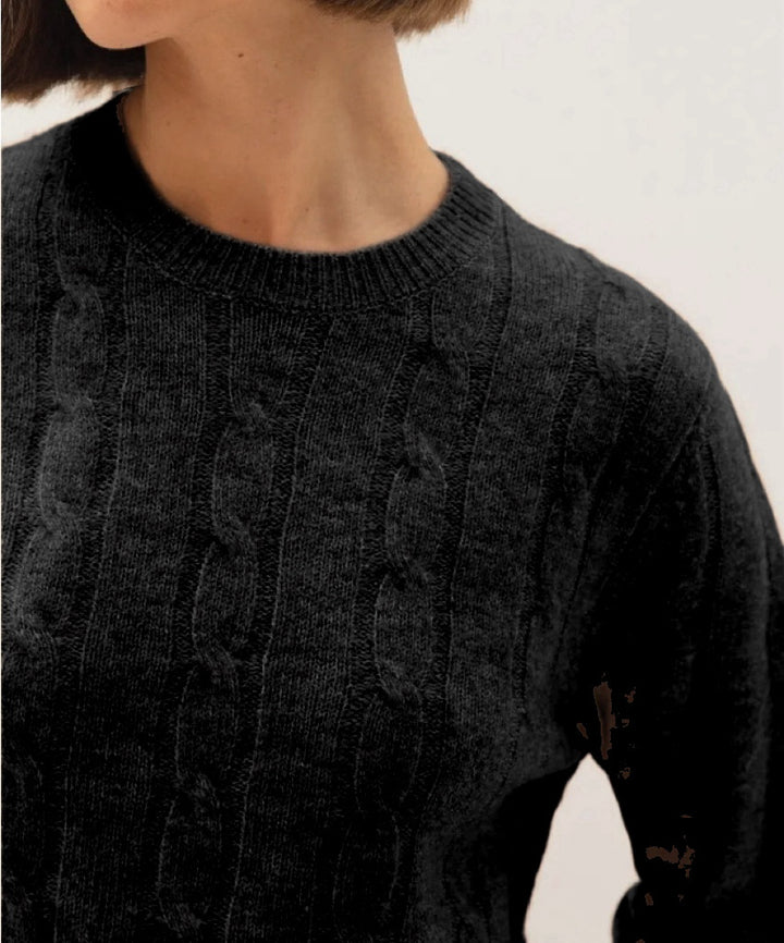 Damen Kabelstruktur‑Pullover im Zopfstrick mit Rundhalsausschnitt und nachhaltig weicher Wollmischung – Mavelle