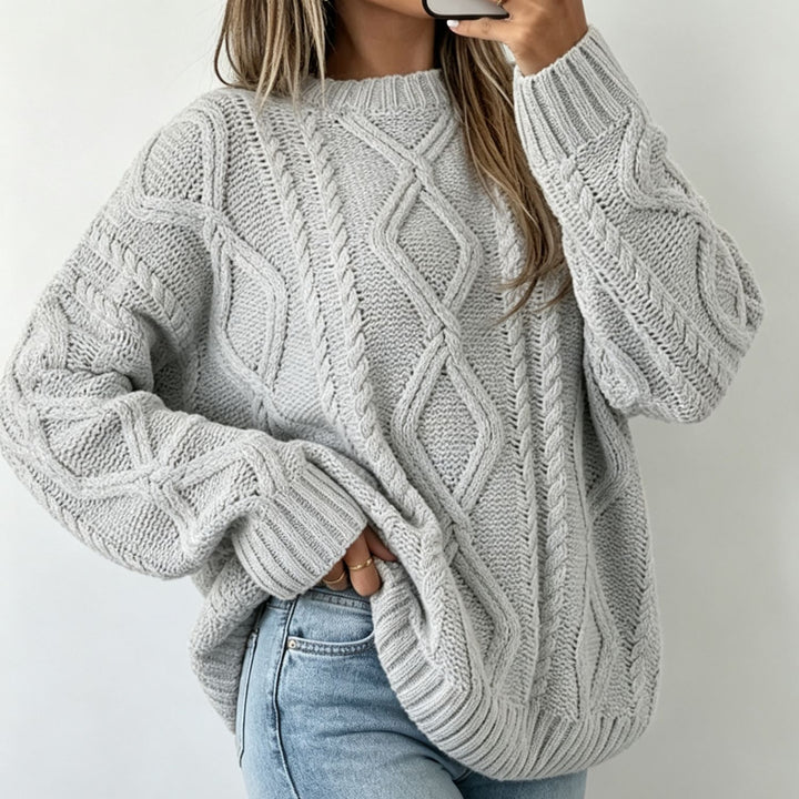 Damen Oversize Flechtstrick-Pullover mit Zopfmuster und Rundhals – Mavelle