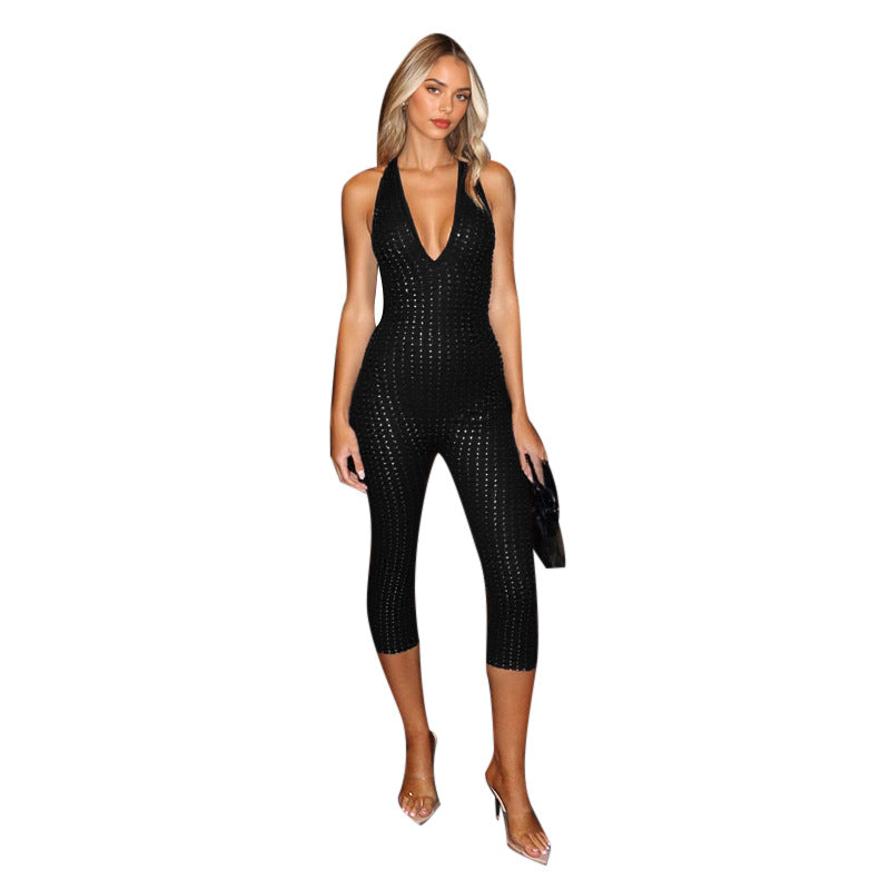 Damen figurbetonter Jumpsuit mit tiefem V-Ausschnitt und netzartigem Design Echo Archiv