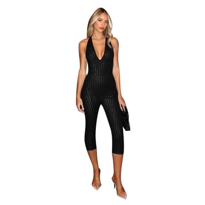 Damen figurbetonter Jumpsuit mit tiefem V-Ausschnitt und netzartigem Design Echo Archiv
