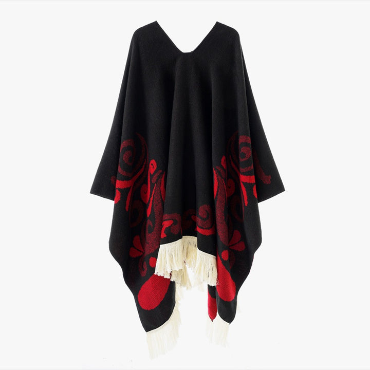 Damen Ornamentaler Jacquard‑Poncho mit V‑Ausschnitt und Fransensaum Echo Archiv