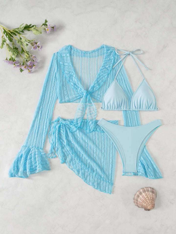 Damen Beachwear-Set mit eleganter Spitzenjacke und klassischem Bikini Echo Archiv