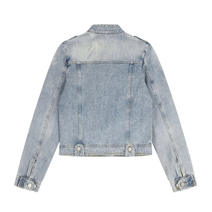 Damen Kurze Jeansjacke im Military-Stil mit Stehkragen, Schulterklappen und Pattentaschen Echoarchiv