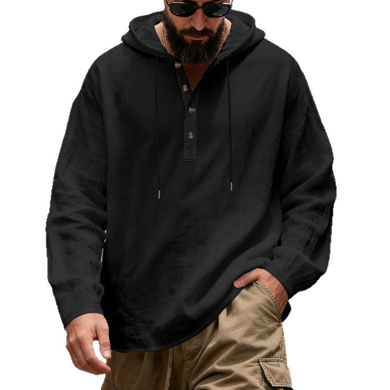 Herren nan leichter Kapuzenshirt mit Knopfleiste aus Leinenmischung und entspanntem Schnitt Echo Archiv