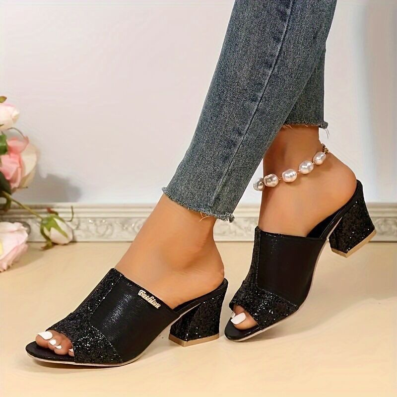 Damen nan elegante offene Pantolette mit feinem Netz, funkelnden Applikationen und mittelhohem Blockabsatz Echo Archiv