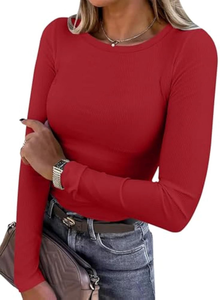 Damen Schmalgeschnittenes Ripp-Longsleeve mit Rundhalsausschnitt und Stretch-Baumwollmix – Avérine