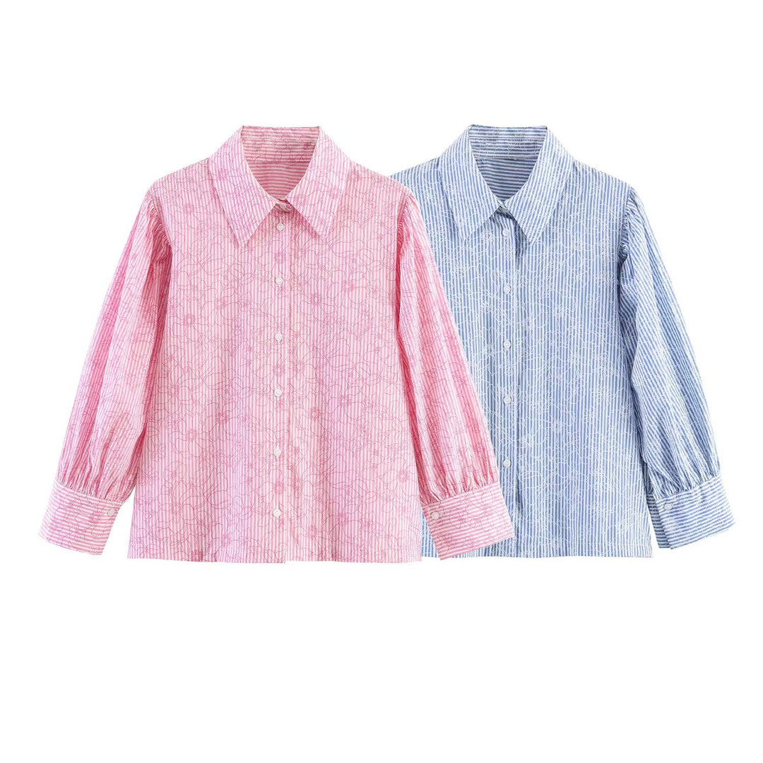 Damen Gestreifte Baumwollbluse mit Puffärmeln und Tonaler Stickerei Echo Archiv