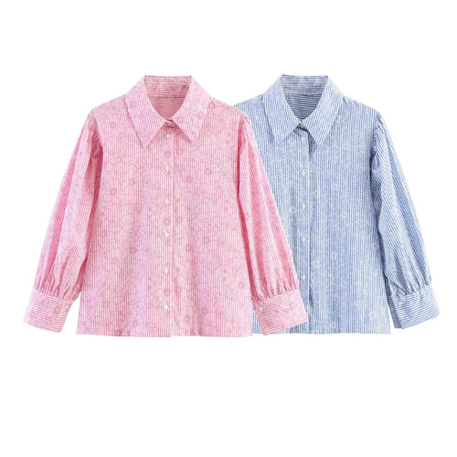 Damen Gestreifte Baumwollbluse mit Puffärmeln und Tonaler Stickerei Echo Archiv
