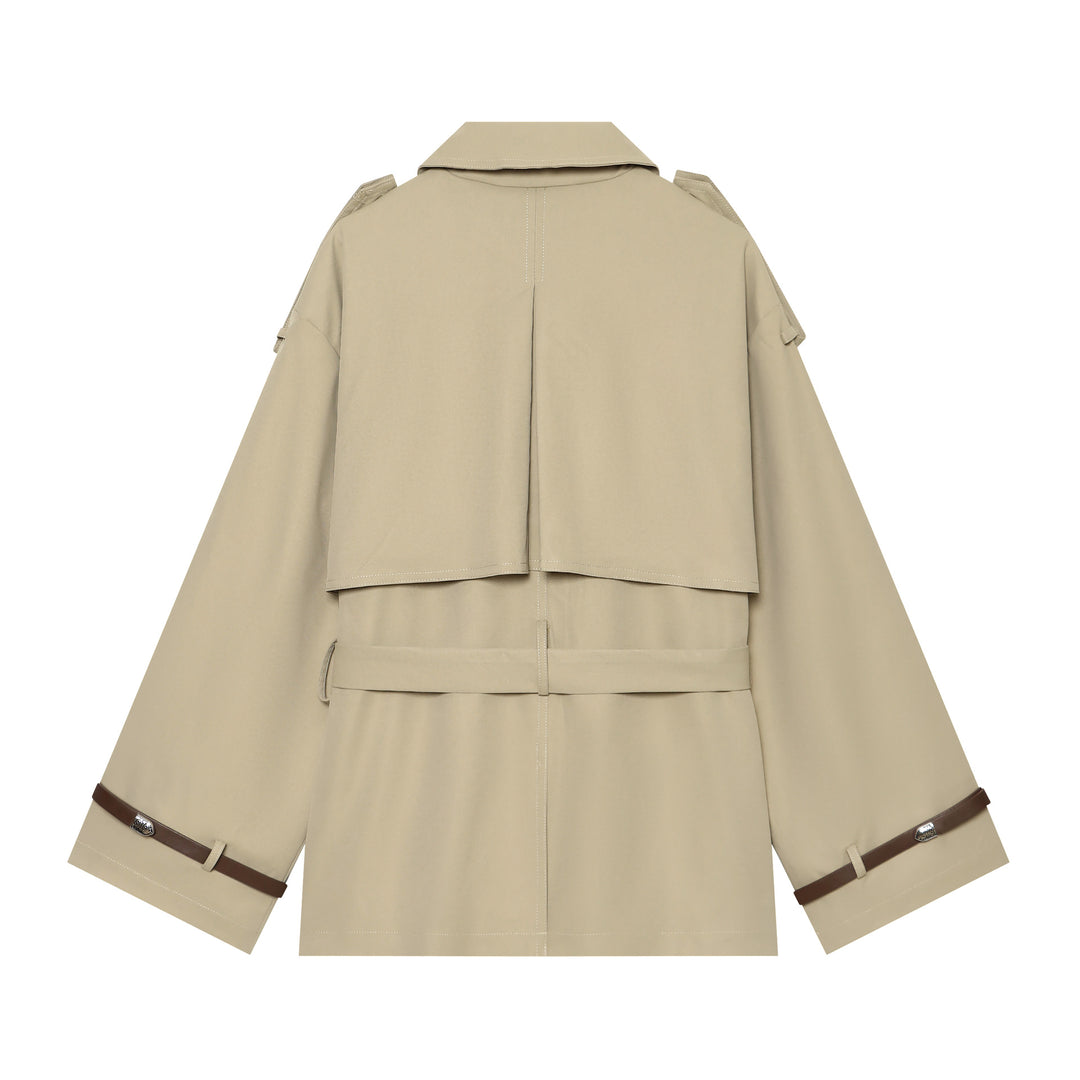 Damen kurzgeschnittene Cape-Trenchjacke mit doppelreihiger Knopfleiste und Taillengürtel – Célinea