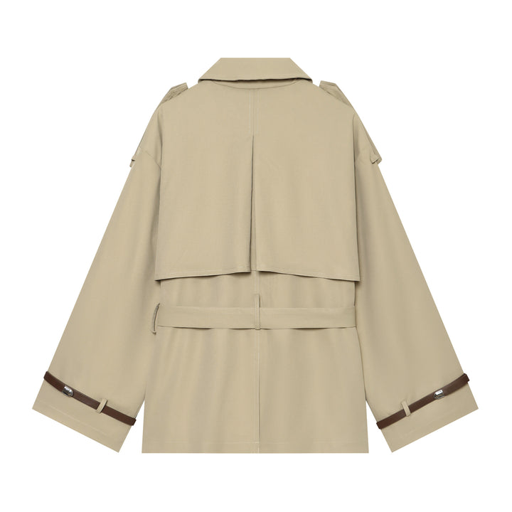 Damen kurzgeschnittene Cape-Trenchjacke mit doppelreihiger Knopfleiste und Taillengürtel – Célinea