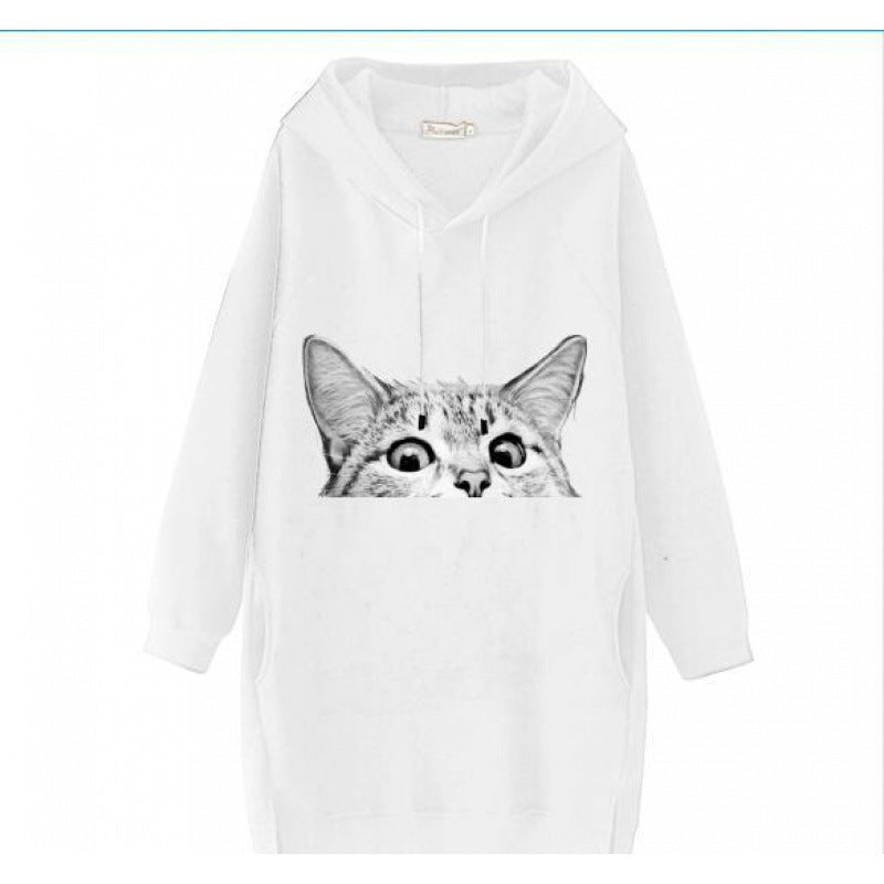 Damen Oversize Kapuzenkleid aus Sweat mit großem Katzenprint und Seitentaschen – Auréline