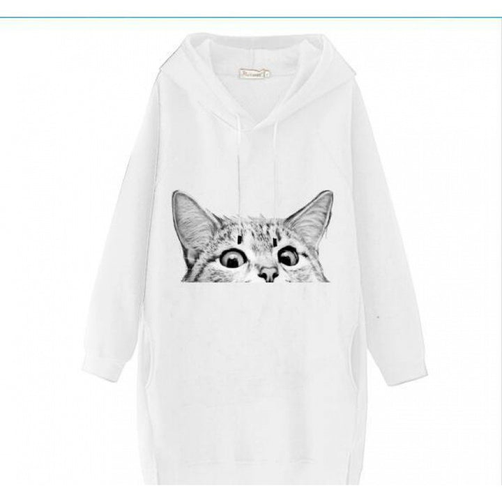Damen Oversize Kapuzenkleid aus Sweat mit großem Katzenprint und Seitentaschen – Auréline