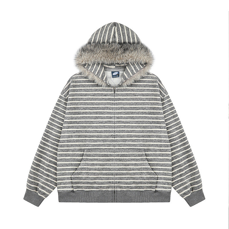 Damen Oversize Kapuzen‑Sweatjacke mit gestreiftem Jacquard, durchgehendem Reißverschluss und Kunstfell‑Kapuze Echoarchiv