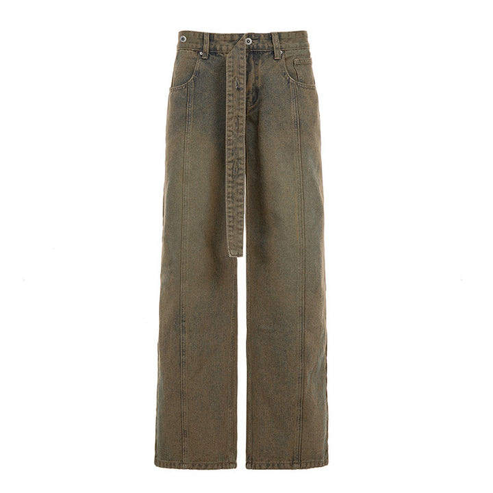 Damen Hochtaillierte weite Denim-Hose mit breitem Bindegürtel Echo Archiv