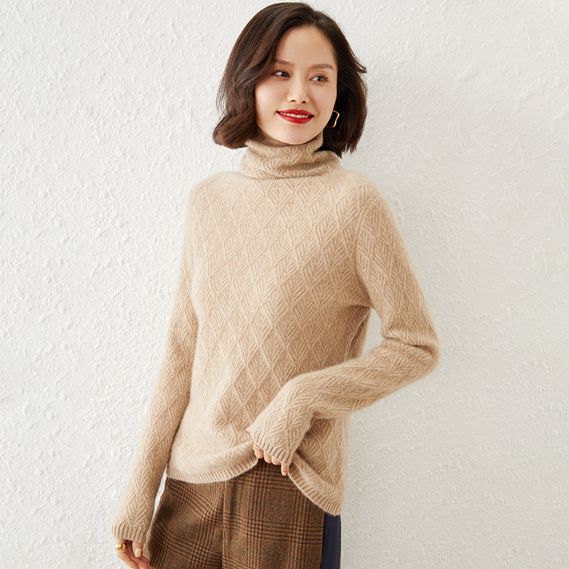 Damen Luxuriöser Mohair‑Mix Rollkragenpullover mit diamantgewEchoarchivter Ajourstruktur Echoarchiv