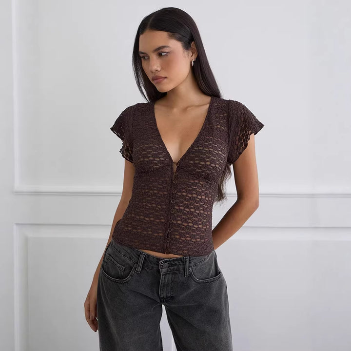Damen Verspieltes Spitzenoberteil mit fließendem Design und kurzen Puffärmeln Echo Archiv