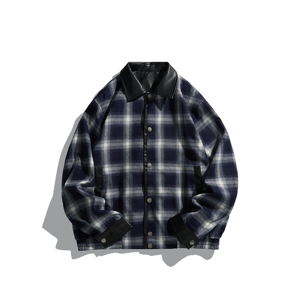 Herren Karierte Overshirt‑Jacke aus Flanell mit Kunstleder‑Details und Druckknopfleiste Echoarchiv