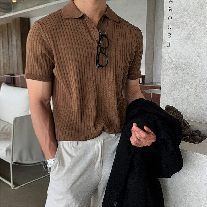 Herren nan schmal geschnittenes geripptes Poloshirt aus Feinstrick mit Kurzarm und Polokragen Echo Archiv
