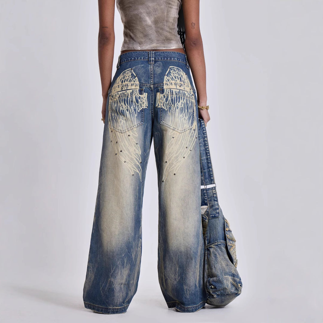 Damen weite Jeans mit kunstvollem Flügel-Design und einzigartigen Details Echo Archiv