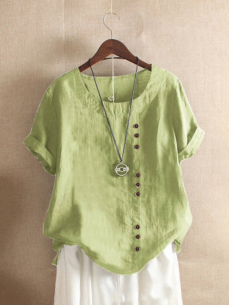 Damen Lässige Leinenbluse mit Umschlagbaren Ärmeln und Knopfdetails Echoarchiv