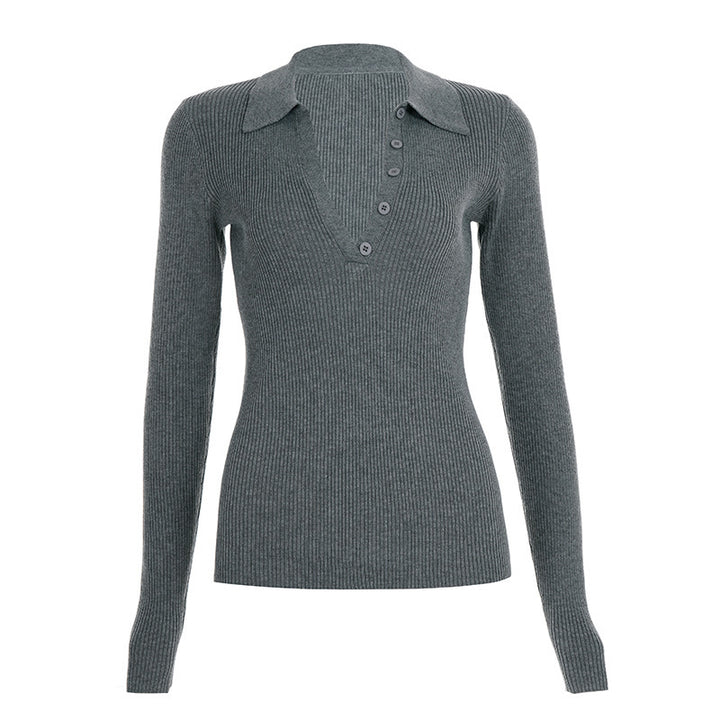 Damen Taillierter Rippstrick-Polo mit tiefem V-Ausschnitt und Knopfleiste – Mavelle