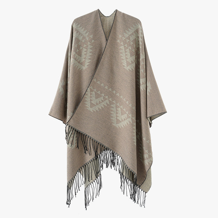 Damen Grobgewebter Jacquard-Umhang im Oversize mit Zipfelsaum und Fransensaum Echo Archiv