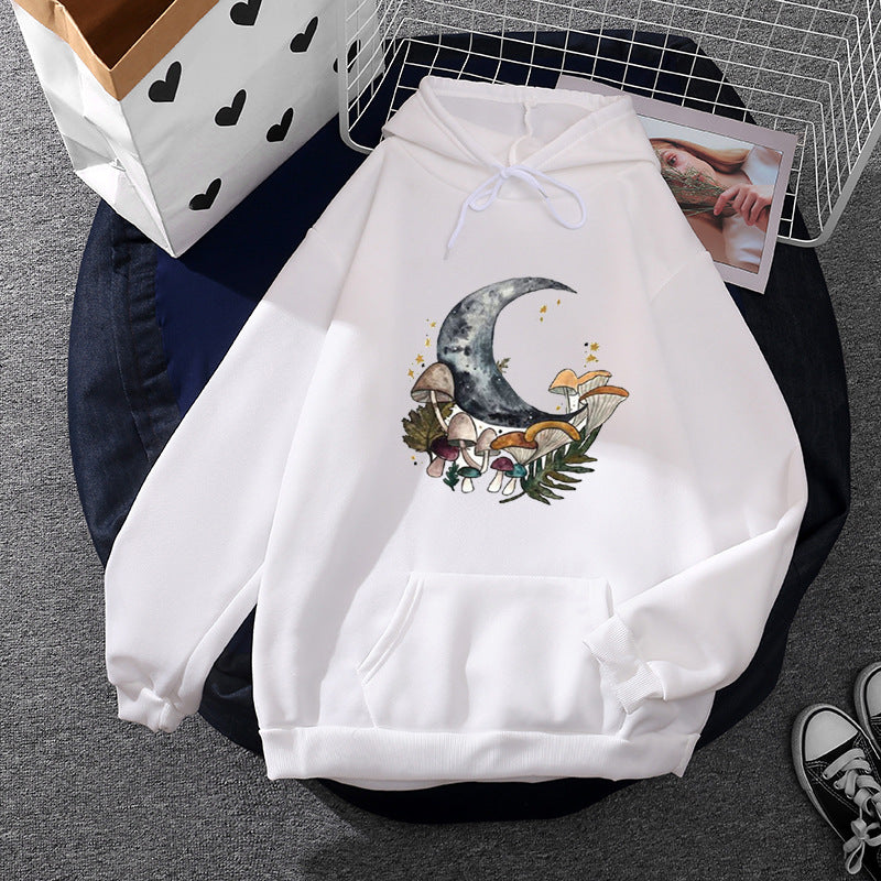 Damen lässiger Kapuzenpullover mit künstlerischem Mond‑und‑Pilzmotiv, weichem Fleecefutter und Kängurutasche – Auréline