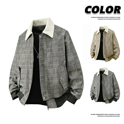 Herren kariertes Bomber-Übergangsjacke mit Teddykragen & gerippten Bündchen Echoarchiv