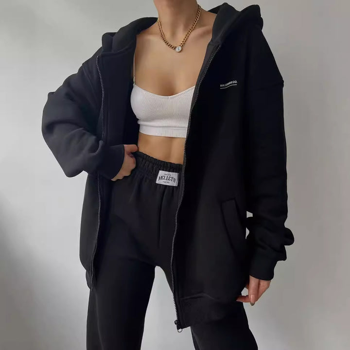 Damen Oversize Kapuzen-Sweatjacke mit Reißverschluss und High-Waist Jogginghose Set Echoarchiv