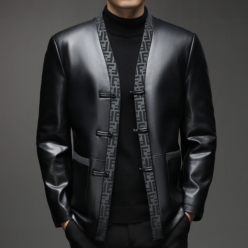 Herren Lederimitat-Cardiganjacke mit KnEcho Archivelverschlüssen und kontrastierendem Schalkragen Echo Archiv
