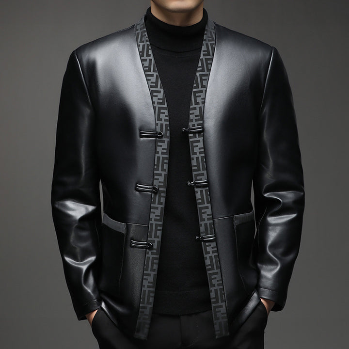 Herren Lederimitat-Cardiganjacke mit KnEcho Archivelverschlüssen und kontrastierendem Schalkragen Echo Archiv