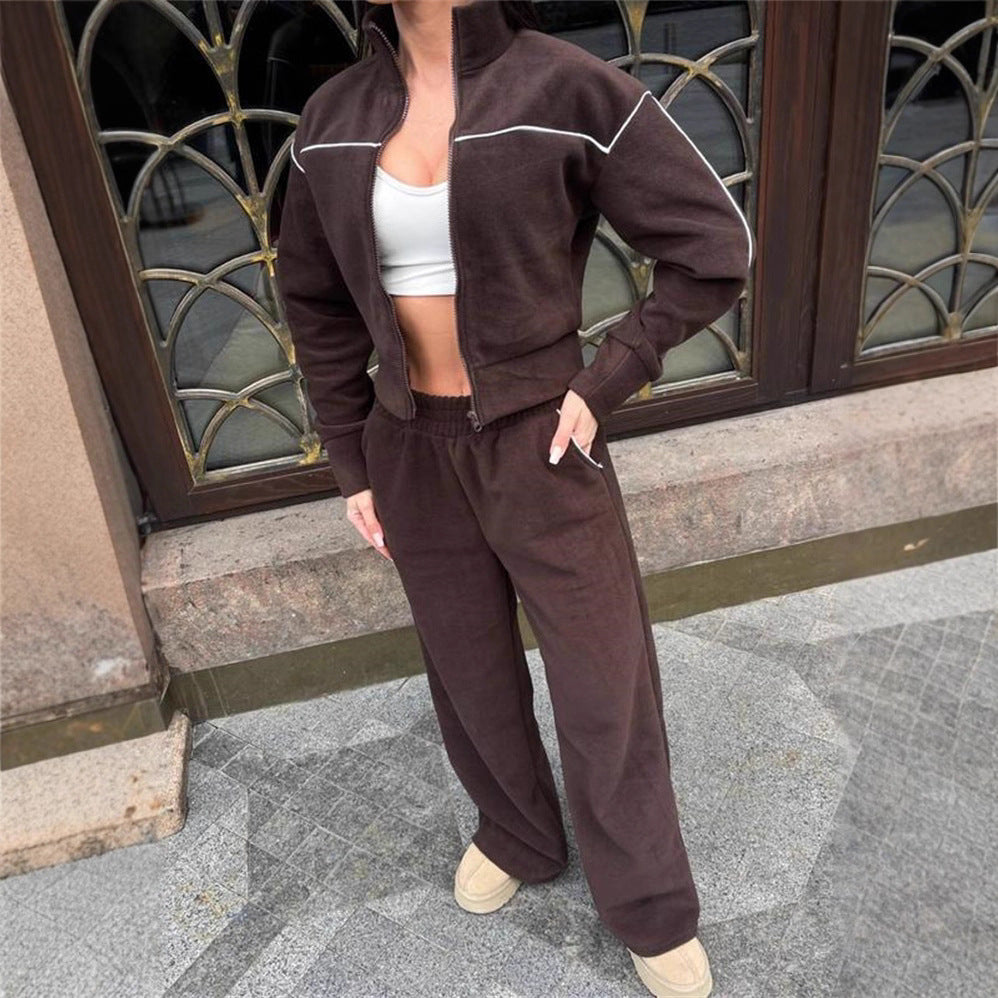 Damen Kurzgeschnittenes Zip-Oberteil mit lockerfallender High-Waist-Loungehose – Auréline