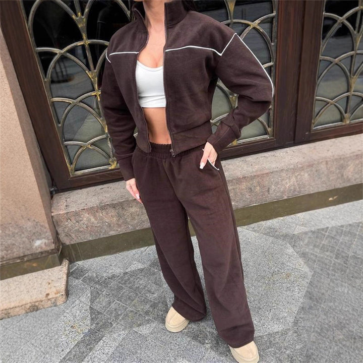 Damen Kurzgeschnittenes Zip-Oberteil mit lockerfallender High-Waist-Loungehose – Auréline