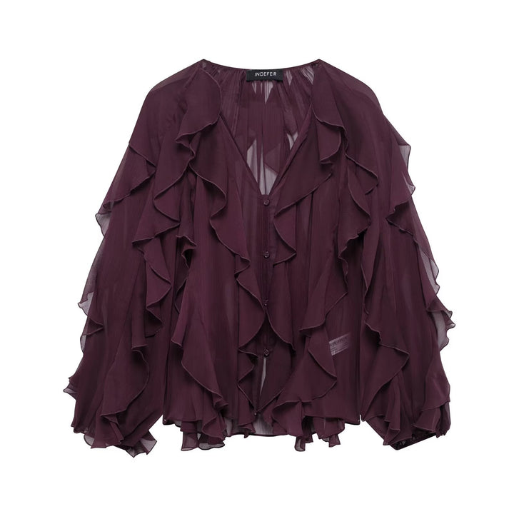 Damen Chiffon-Bluse mit vielfachen Volant-Rüschen und Knopfleiste Echo Archiv